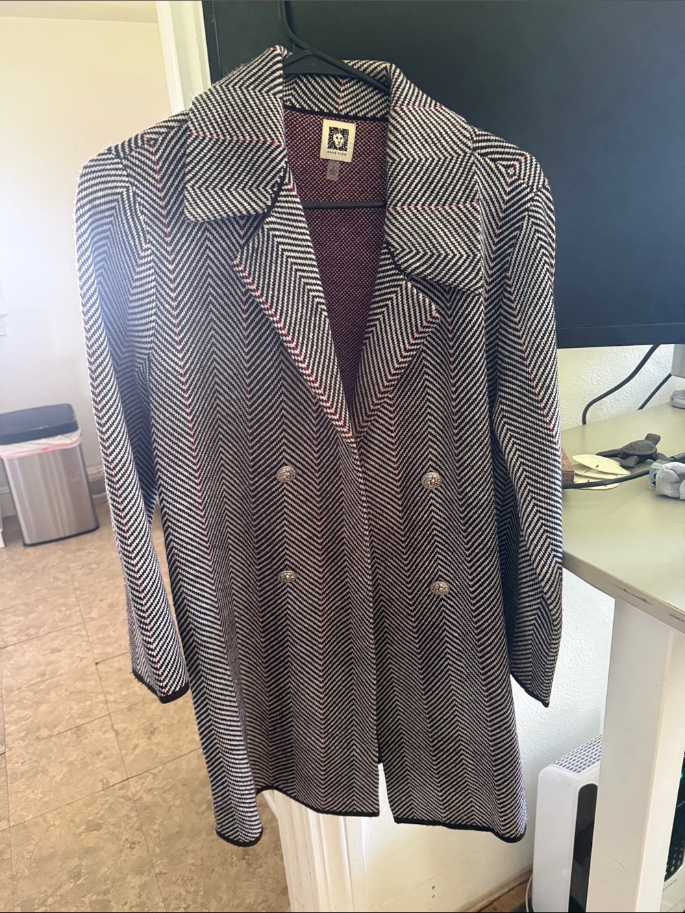 Anne Klein Black & White Herringbone Double-Breasted Pea Coat